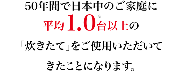50年間で日本中のご家庭に平均1.0台以上の「炊きたて」をご使用いただいてきたことになります。