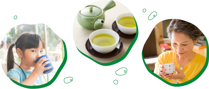 お茶を飲む女の子、お茶の入った湯呑みと急須、お茶を飲む高齢者女性