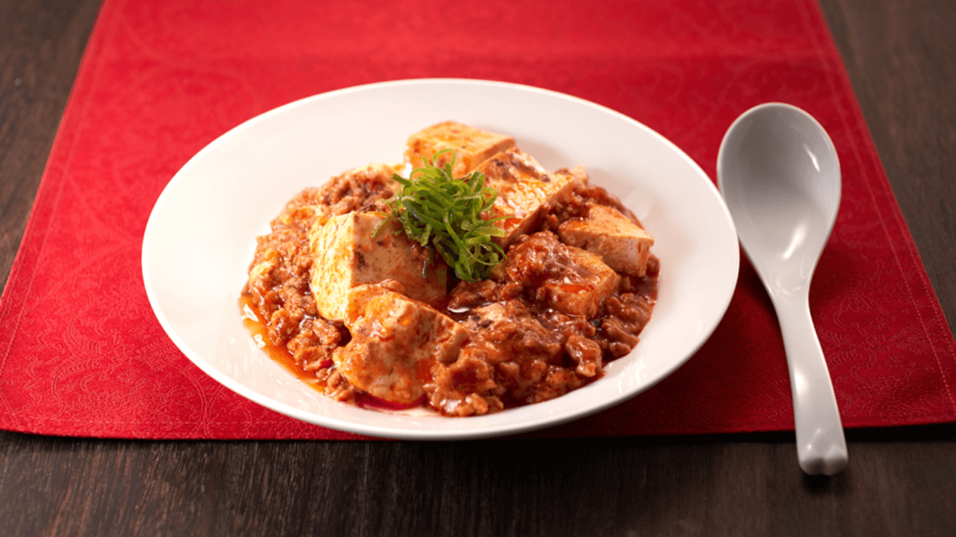 Sichuan-style bean curd and ground pork with a spicy taste