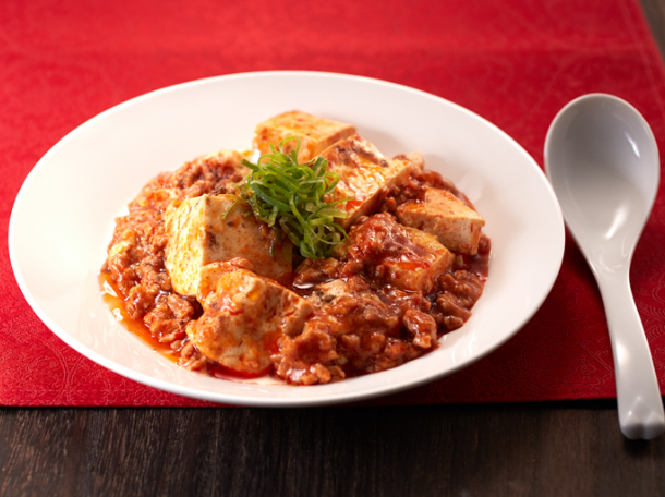 Sichuan-style bean curd and ground pork with a spicy taste