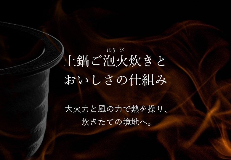 おいしい味を生み出す土鍋ごはんの火炊きのメカニズム。炊きたてのごはんのおいしさを最大限に引き出すために、高い熱量と風力で温度をコントロールする。