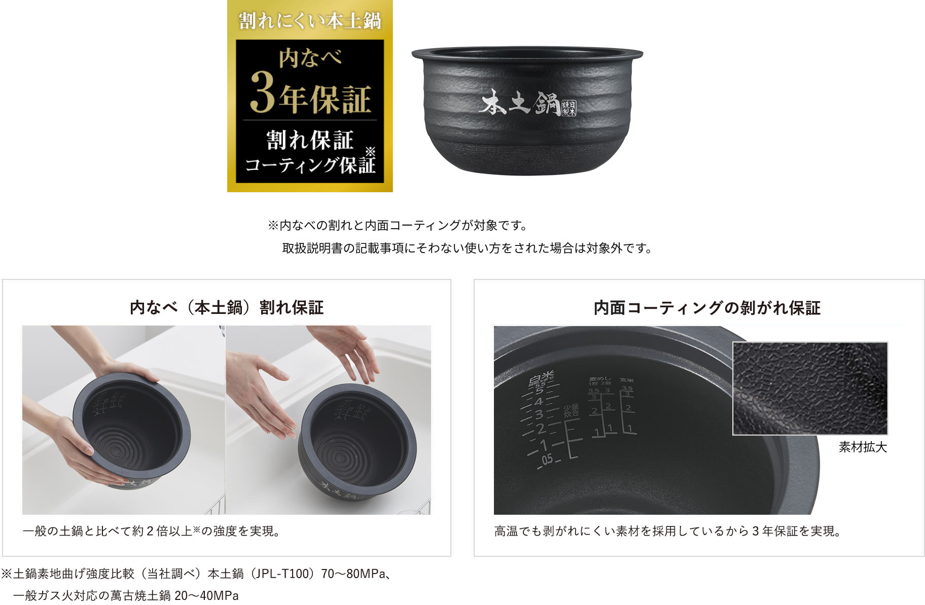 内なべ（本土鍋）割れ保証　一般の土鍋と比べて約2倍以上※強度を実現。　※土鍋素地曲げ強度比較(当社調べ)本土鍋（JPL-T100）70～80MPa、一般ガス火対応の萬古焼き土鍋20～40MPa