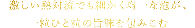 激しい熱対流でも細かく均一な泡が、一粒ひと粒の旨味を包みこむ