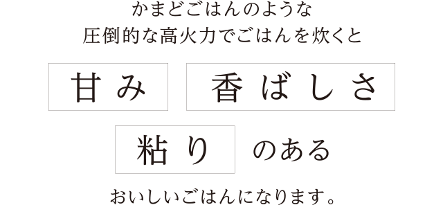 かまどごはんのような圧倒的な高火力でごはんを炊くと 甘み 香ばしさ 粘り のあるおいしいごはんになります。