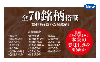 全70銘柄搭載（50銘柄+新たな20銘柄）/追加20銘柄 ・秋の詩・秋のきらめき・あきろまん・イクヒカリ・きたくりん・くまさんの輝き・くまさんの力・恋の予感・彩のかがやき・里山のつぶ・たかたのゆめ・つぶぞろい・てんたかく・なすひかり・はるみ・ひめの凛・ふさおとめ・ゆめおばこ・夢ごこち・ゆめみずほ/銘柄に合わせた炊き方で本来の美味しさを引き出す！