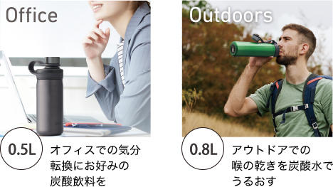 Office オフィスでの気分転換にお好みの炭酸飲料を/Outdoors アウトドアでの喉の乾きを炭酸水でうるおす