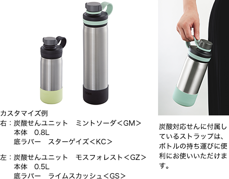 カスタマイズ例 右:炭酸せんユニット ミントソーダ<GM> 本体 0.8L 底ラバー スターゲイズ<KC> 左:炭酸せんユニット モスフォレスト<GZ> 本体 0.5L 底ラバー ライムスカッシュ<GS>/炭酸対応せんに付属しているストラップは、ボトルの持ち運びに便利にお使いいただけます。