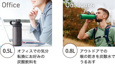 Office オフィスでの気分転換にお好みの炭酸飲料を/Outdoors アウトドアでの喉の乾きを炭酸水でうるおす