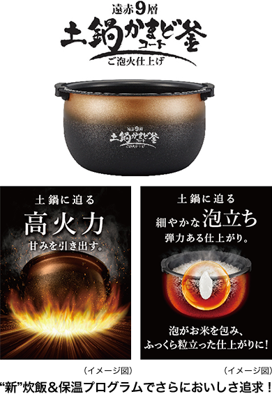 土鍋に迫る 高火力 甘みを引き出す。 (イメージ図)/土鍋に迫る 細やかな 泡立ち 弾力ある仕上がり。 泡がお米を包み、ふっくら粒立った仕上がりに! (イメージ図)/
