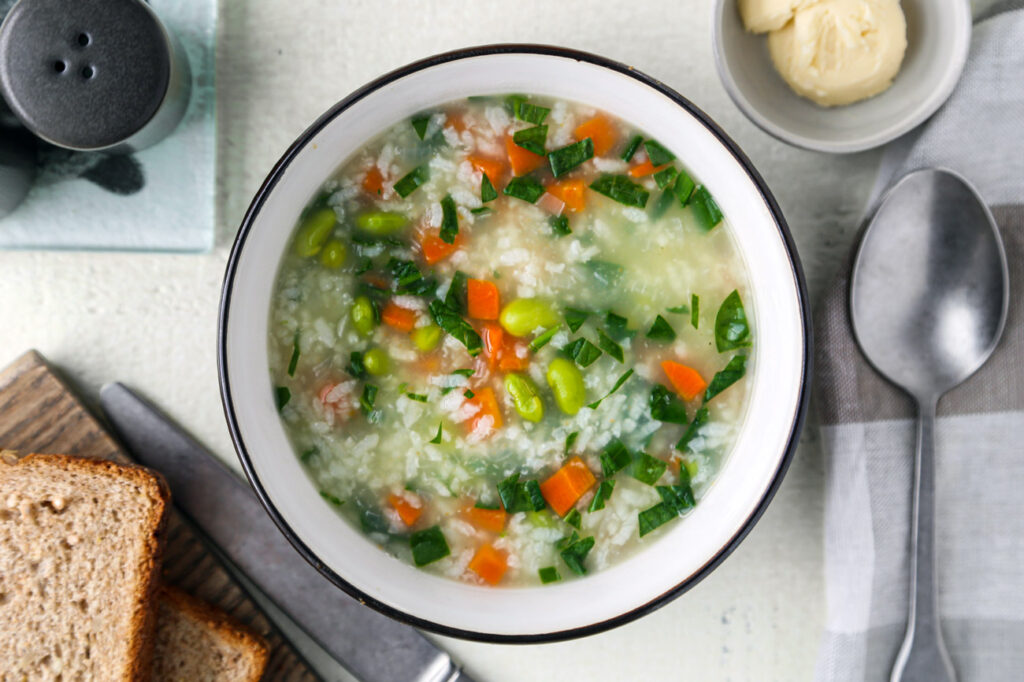 Edamame and Carrot Rice Soup