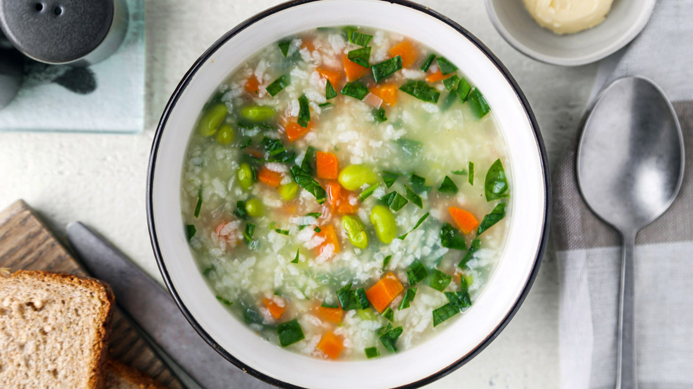 Edamame Carrot Rice Soup
