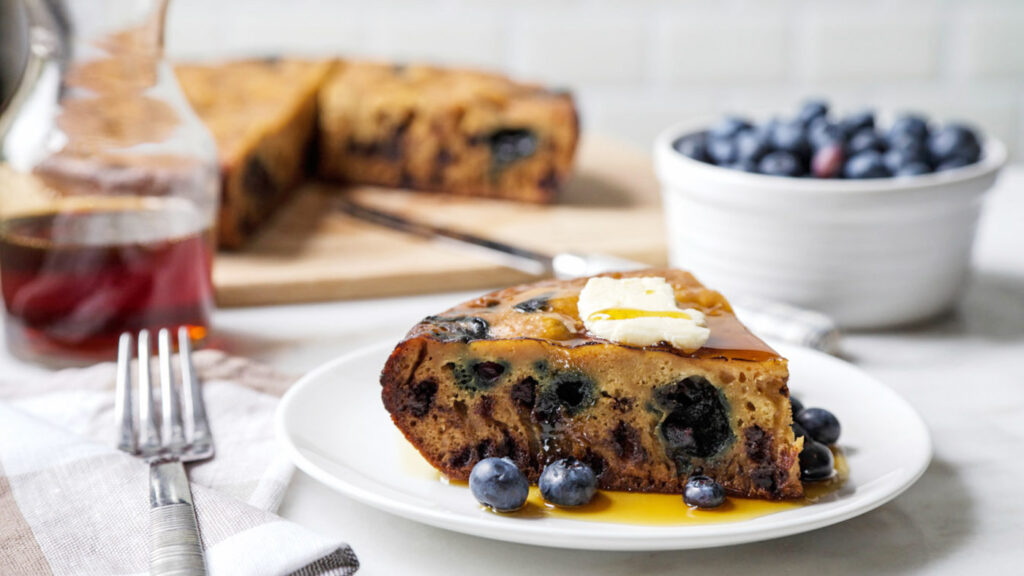 Giant Rice Cooker Pancake with Dark Chocolate Chips and Blueberries