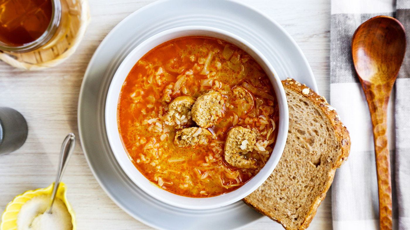 Vegan Sausage, Cabbage, and Brown Rice Soup