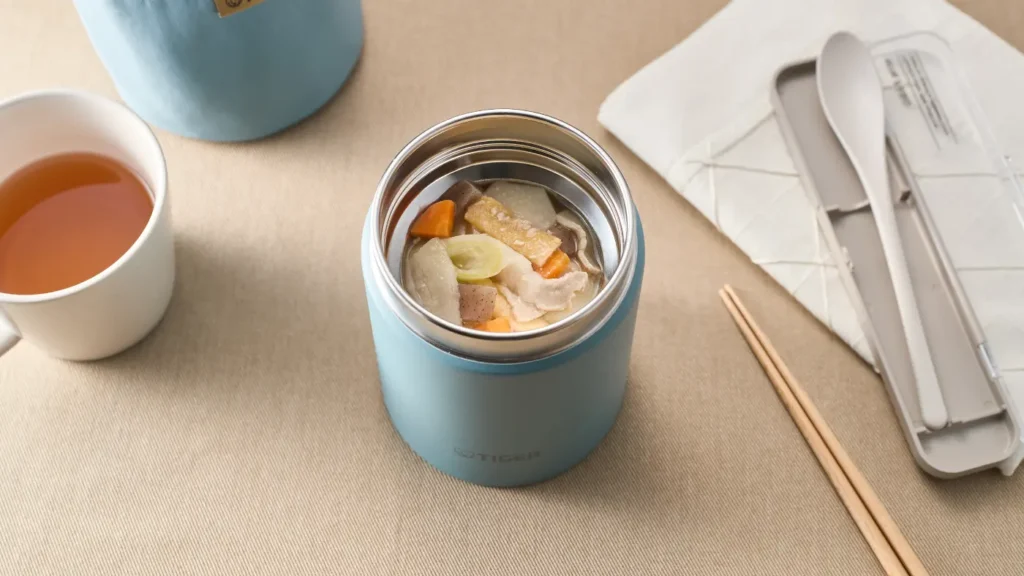 Soup inside a vacuum insulated food jar