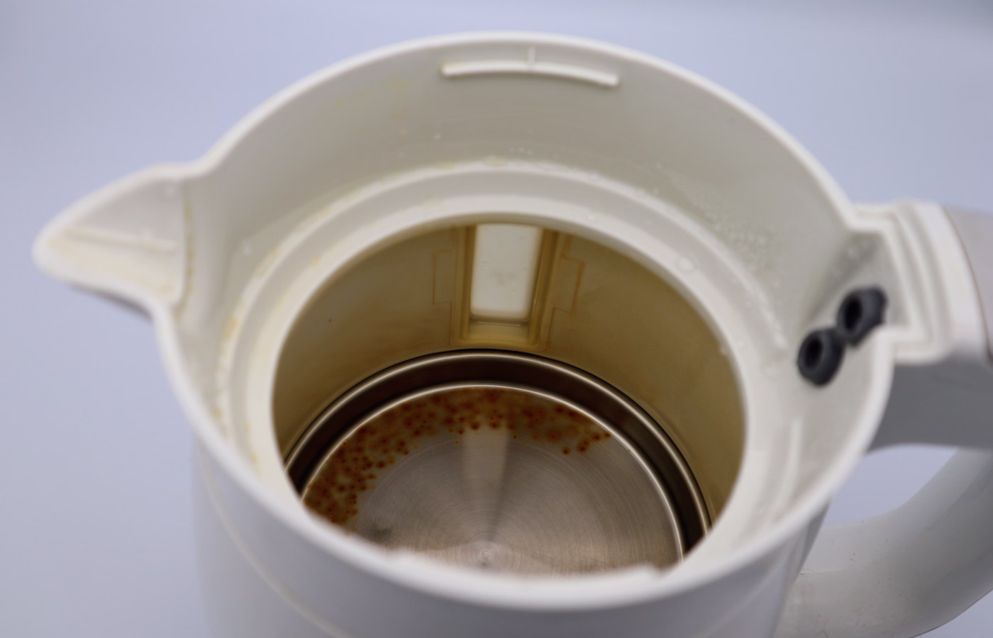 A close-up of an open electric kettle showing the interior.
