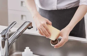 キッチンで水筒を洗っている様子